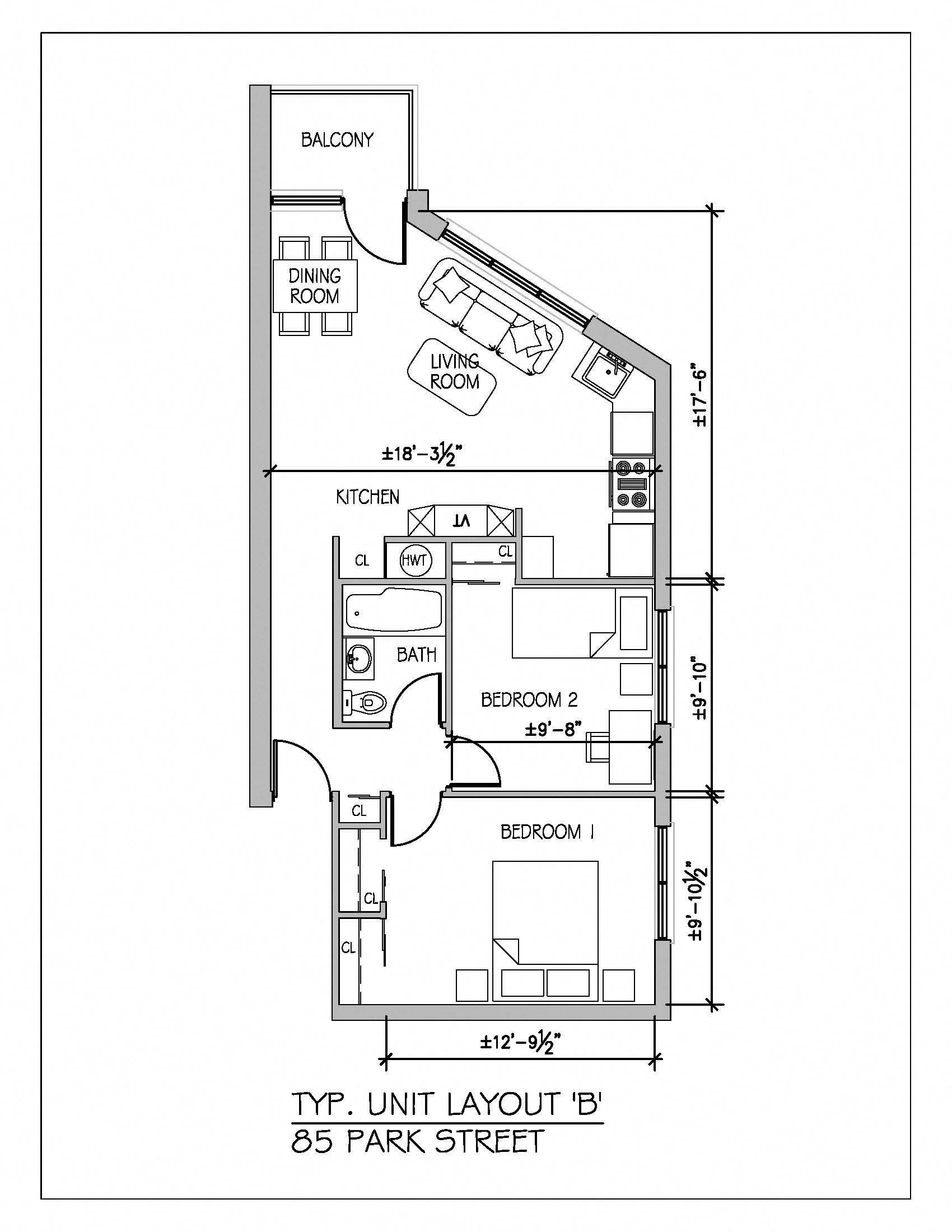 Floor plan for 2 beds, 1 bath, 600 sqft